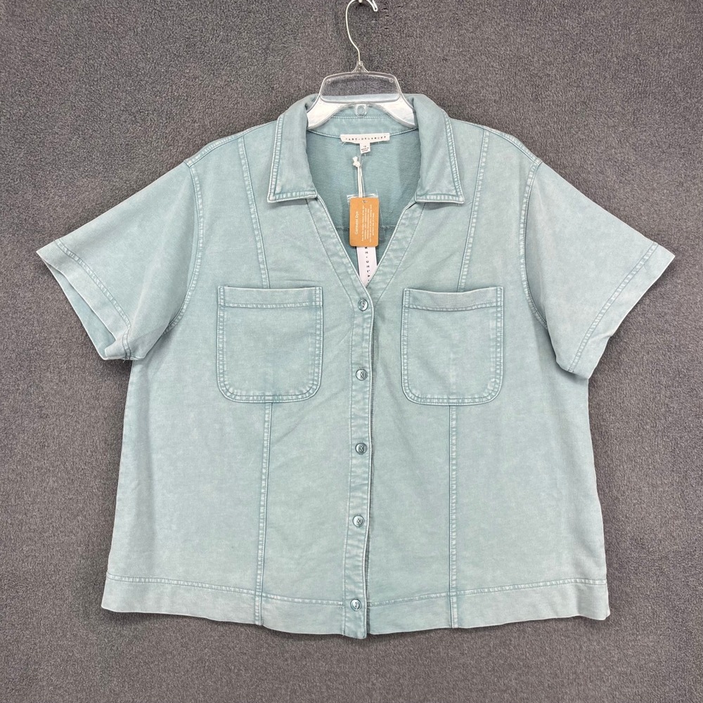 Jane + Delancey Button Down Top Womens 1X Teal French Terry Garment Dye Utility